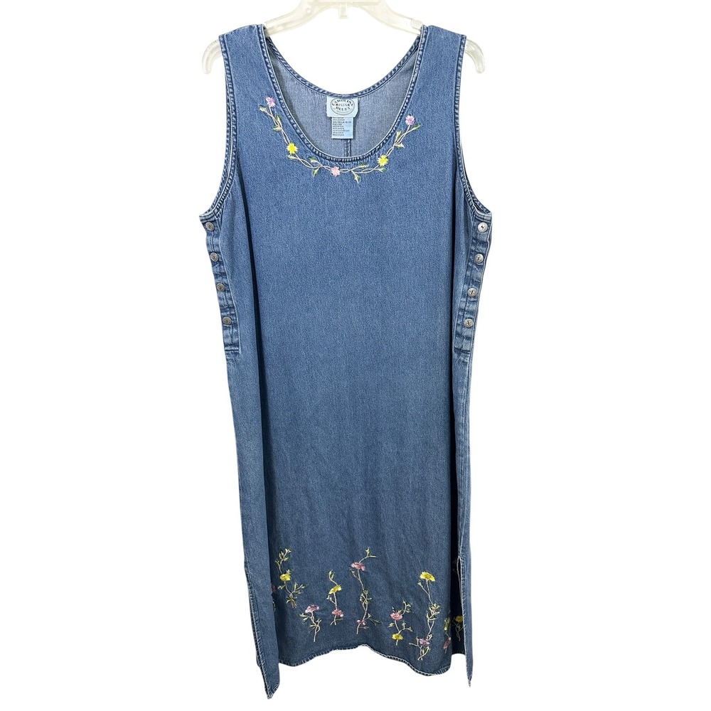 VTG Carolina Blues Plus Size 18/20 Denim Maxi Dress Embroidered Cottagecore 1146